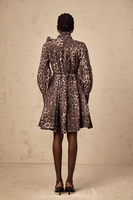 Rosalia Brown Leopard Print Mini Dress with Neck Bow-Tie Design