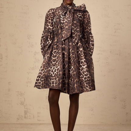 Rosalia Brown Leopard Print Mini Dress with Neck Bow-Tie Design