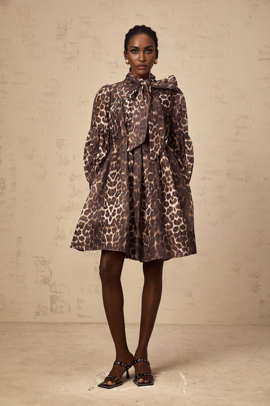 Rosalia Brown Leopard Print Mini Dress with Neck Bow-Tie Design