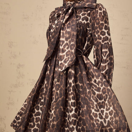 Rosalia Brown Leopard Print Mini Dress with Neck Bow-Tie Design