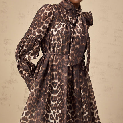 Rosalia Brown Leopard Print Mini Dress with Bow Tie and Tied Waist