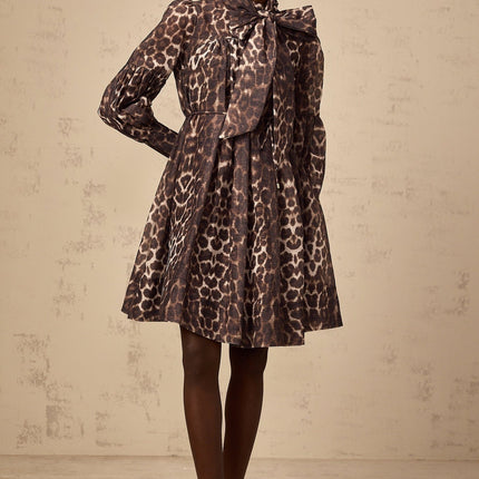 Rosalia Brown Leopard Print Mini Dress with Bow-Tie Neck and Tied Waist