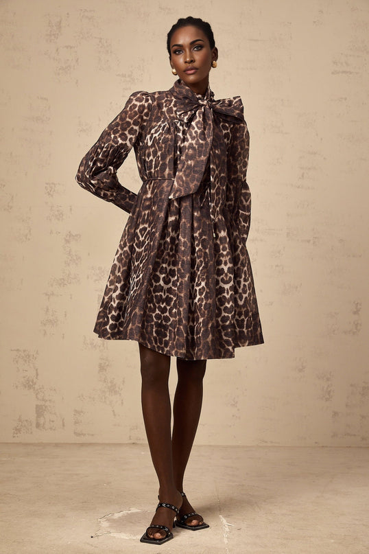 Rosalia Brown Leopard Print Mini Dress with Bow-Tie Neck and Tied Waist