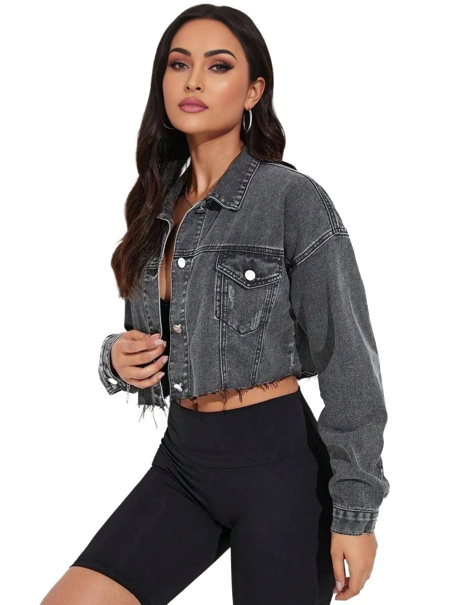 Rosalia Cropped Denim Jacket with Distressed Style in Light Grey - Light grey