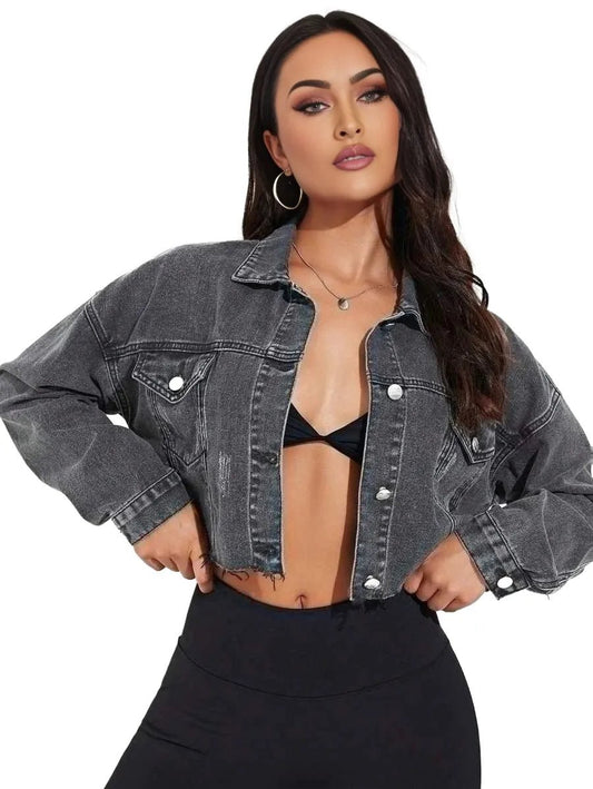 Rosalia Cropped Denim Jacket with Distressed Style in Light Grey - Light grey
