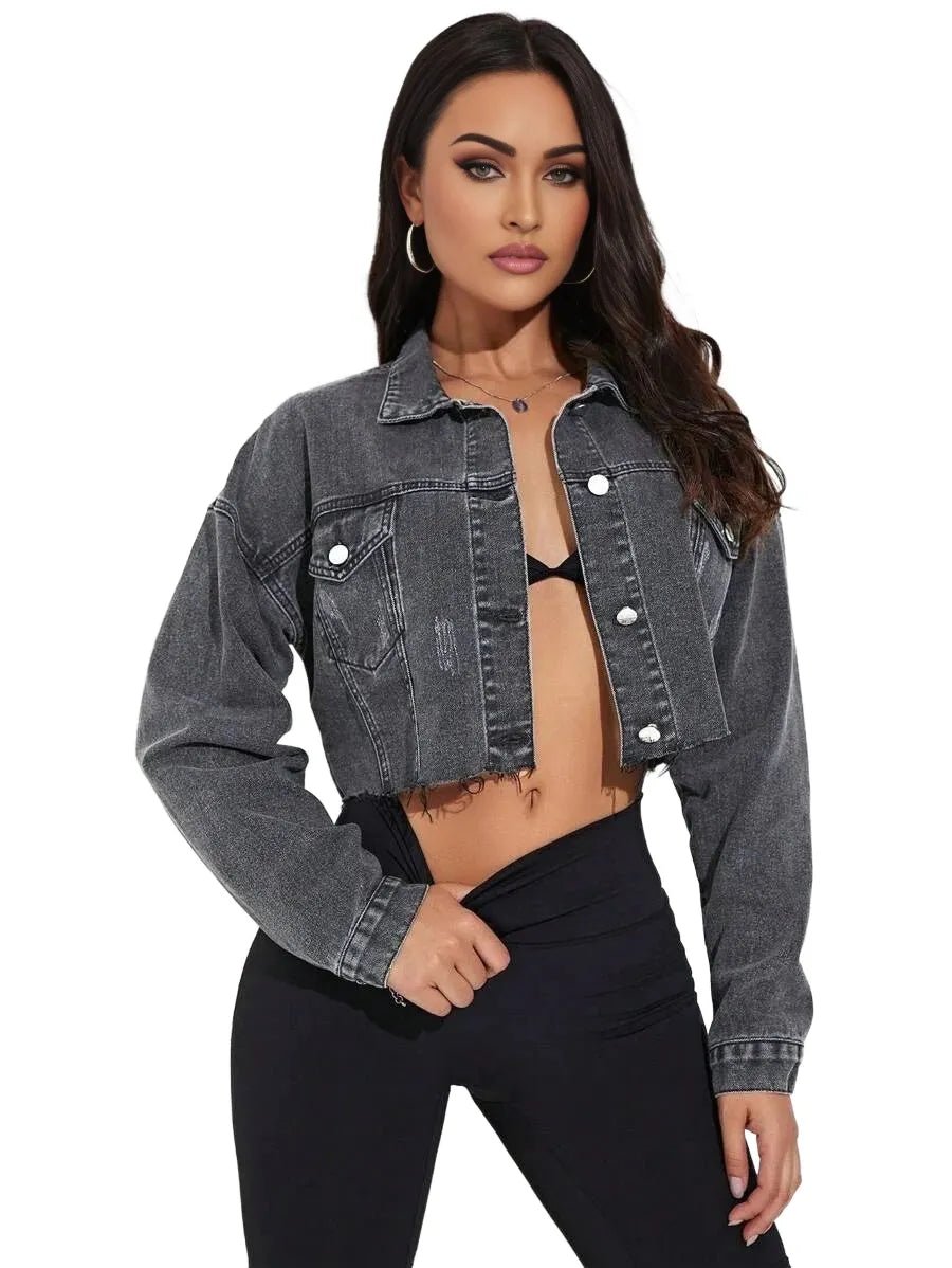 Rosalia Cropped Denim Jacket with Distressed Style in Light Grey - Light grey