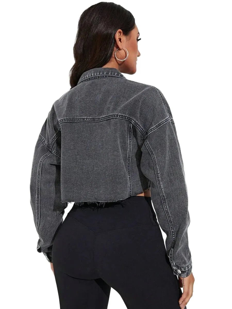 Rosalia Cropped Denim Jacket with Distressed Style in Light Grey - Light grey