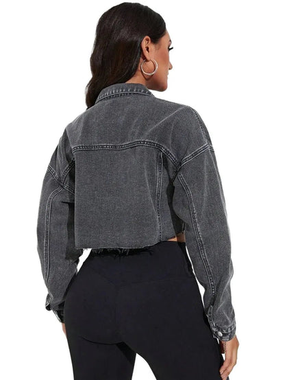 Rosalia Cropped Denim Jacket with Distressed Style in Light Grey - Light grey