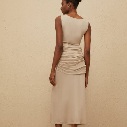 Rosalia Neutrals Midi Dress in Khaki Lyocell Silk Cowl Neck Sleeveless Cinched Waist Ruched Fringed Draped Asymmetrical Hem Chic Midi-Length