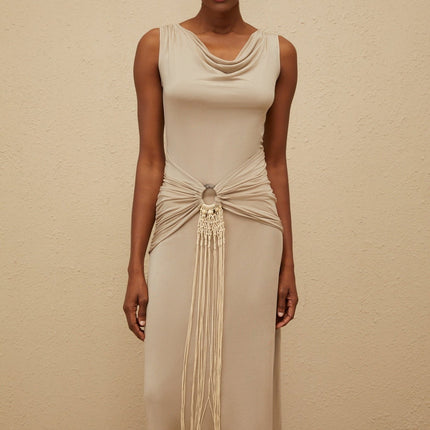 Rosalia Neutrals Midi Dress in Khaki Silk Lyocell Blend Cowl Neck Sleeveless Cinched Waist Ruched Fringed Draped Asymmetrical Hem Contemporary Chic Sophisticated Luxury Refinement