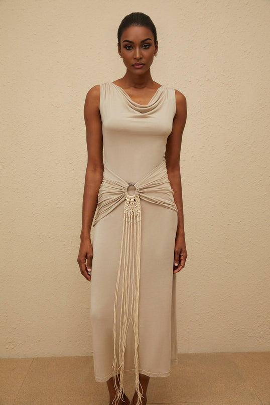 Rosalia Neutrals Midi Dress in Khaki Silk Lyocell Blend Cowl Neck Sleeveless Cinched Waist Ruched Fringed Draped Asymmetrical Hem Contemporary Chic Sophisticated Luxury Refinement