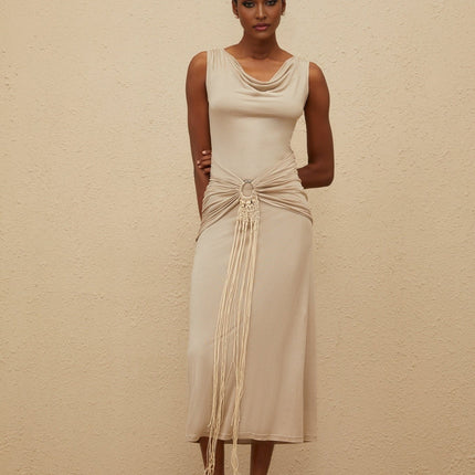 Rosalia Neutrals Midi Dress in Khaki with Cowl Neck and Asymmetrical Hem