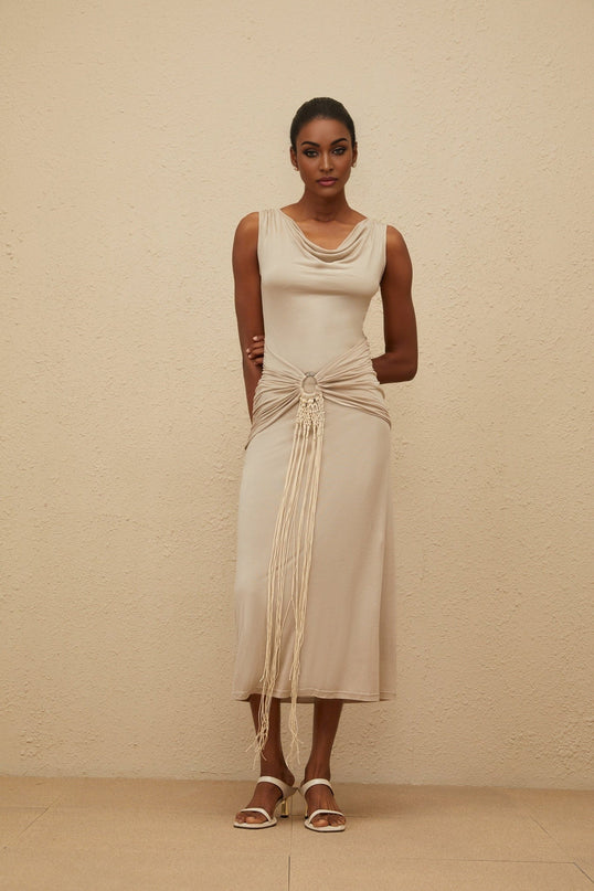Rosalia Neutrals Midi Dress in Khaki with Cowl Neck and Asymmetrical Hem