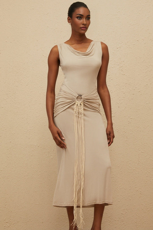 Rosalia Neutrals Midi Dress Silk Lyocell Khaki Cowl Neck Sleeveless Cinched Waist Ruched Fringed Draped Asymmetrical Hem Chic Luxury Sophistication