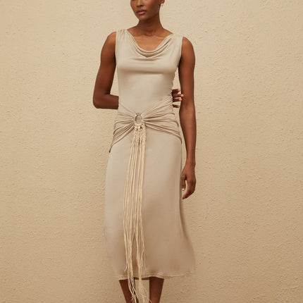 Rosalia Neutrals Midi Dress Cowl Neck Sleeveless Shift Style Cinched Waist Ruched Fringed Draped Detailing Asymmetrical Hem Luxury Sophistication