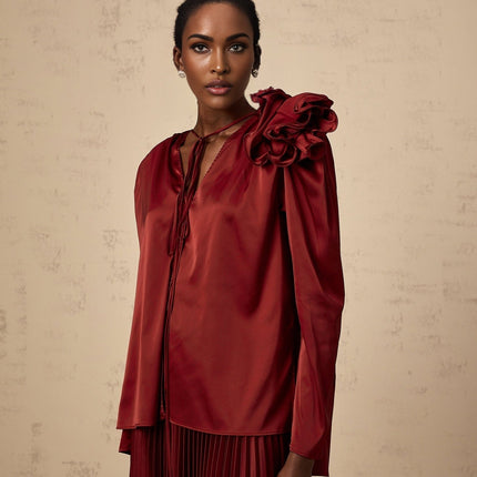 Rosalia Red Satin Blouse Skirt Flower Applique Choker Set