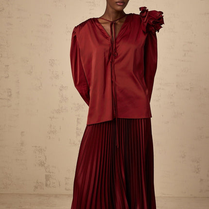 Rosalia Red Satin Blouse Skirt Flower Applique Choker Set