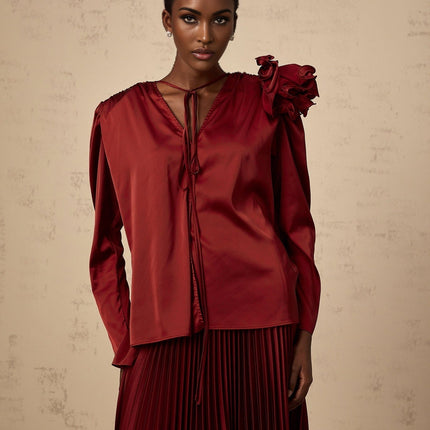 Rosalia Red Satin Blouse Skirt Flower Applique Choker Set