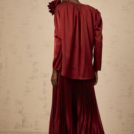Rosalia Red Satin Blouse Skirt Flower Applique Set