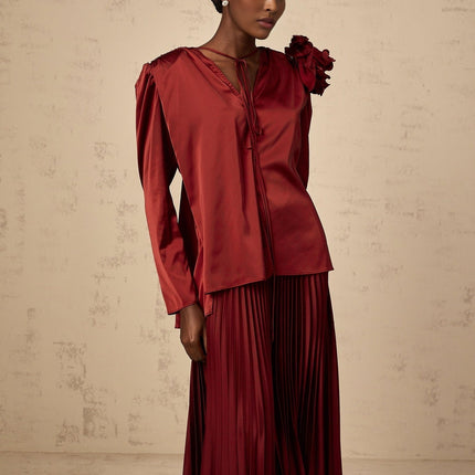 Rosalia Red Satin Flower Applique Blouse Skirt Set