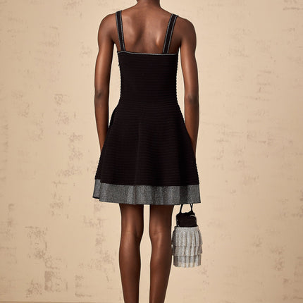Rosalie Black Mini Dress Square Neck Ribbed Knit Stud Embellishments Wide Straps