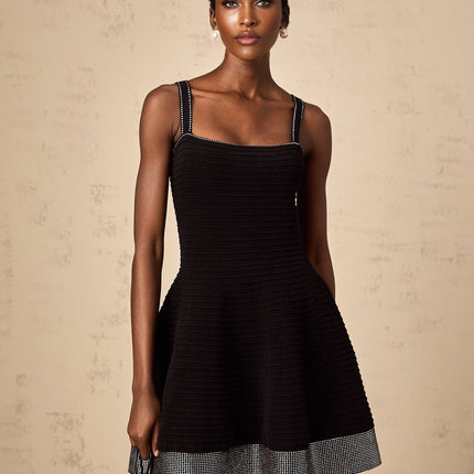 Rosalie Black Ribbed Knit Flared Mini Dress with Stud Embellishments