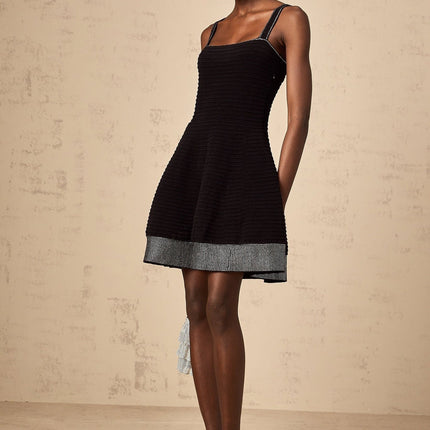 Rosalie Black Ribbed Knit Mini Dress with Stud Embellishments