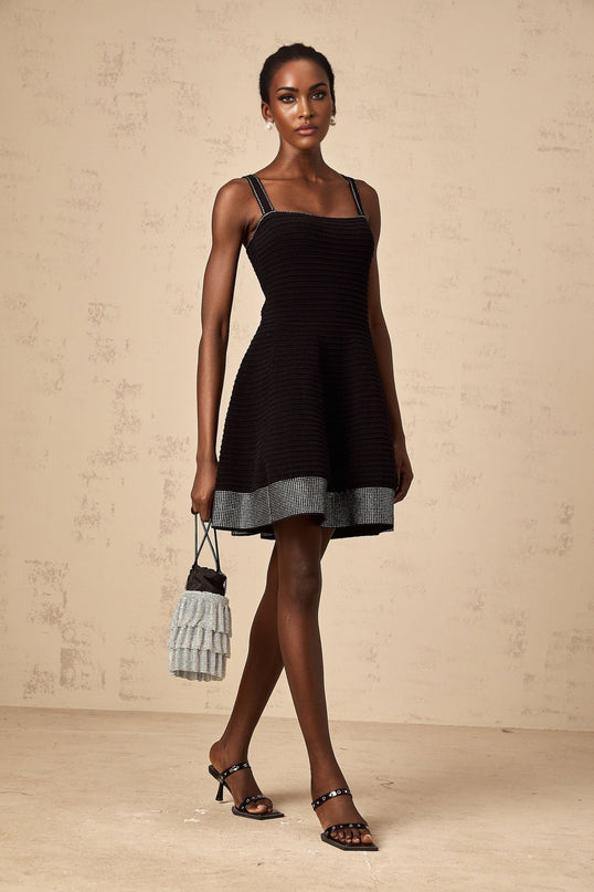 Rosalie Black Ribbed Knit Mini Dress with Stud Embellishments