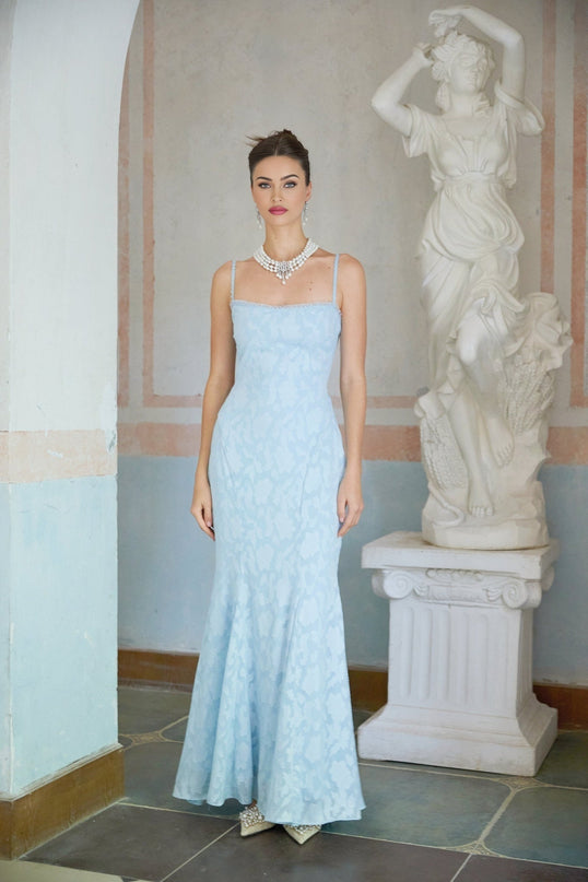 Rosalie blue jacquard maxi dress with lace up detail and flared skirt on white background