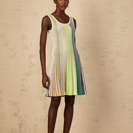 Rosalie Green Sequin Striped Mini Dress Metallic Knit Square Neck Sleeveless Wide Straps Pleated Detailing Thigh-Length Luxurious Blend