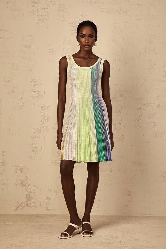 Rosalie Green Sequin Striped Mini Dress with Metallic Threading and Pleated Detailing