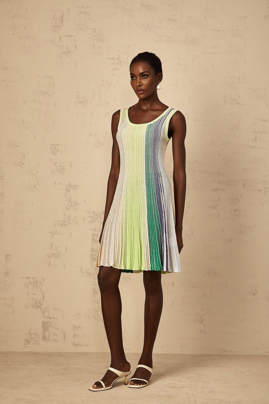 Rosalie Green Sequin Striped Mini Dress Metallic Knit Square Neck Sleeveless Wide Strap Pleated Detail Thigh Length