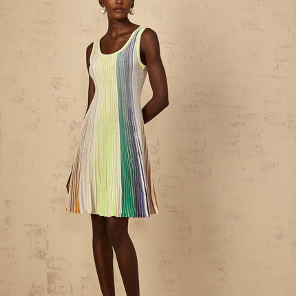 Rosalie Green Sequin Striped Mini Dress Knitted Metallic Square Neck Sleeveless Wide Straps Pleated Thigh-Length Rayon Metallic Polyamide Terylene Elastane