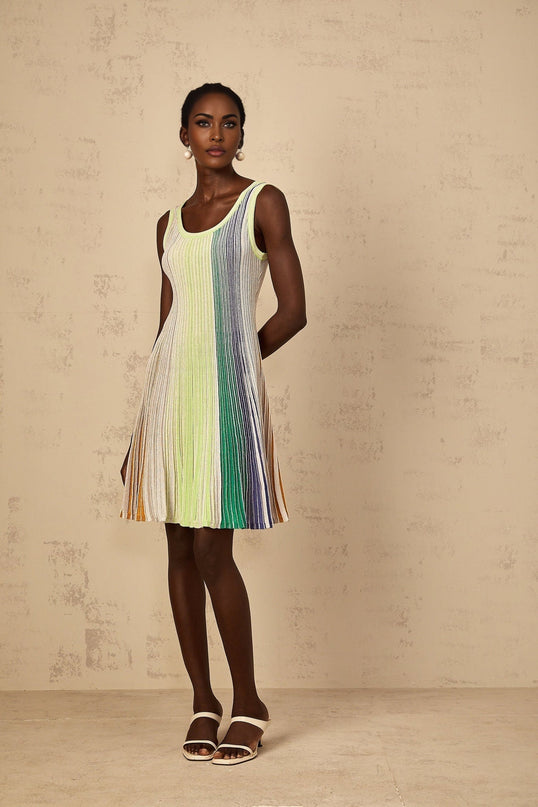 Rosalie Green Sequin Striped Mini Dress Knitted Metallic Square Neck Sleeveless Wide Straps Pleated Thigh-Length Rayon Metallic Polyamide Terylene Elastane