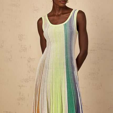 Rosalie Green Sequin Striped Mini Dress Metallic Knit Sleeveless Square Neck Wide Strap Pleated Detailing Thigh-Length Slip-On Style