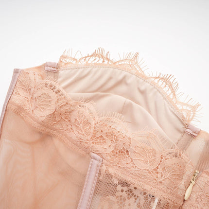 Rosalie Lace Sleeveless Dress in Neutrals 100% Terylene intricate lace details bustier style ankle-length silhouette layered hem delicate mesh design