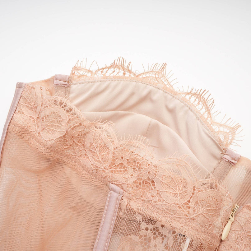 Rosalie Lace Sleeveless Dress in Neutrals 100% Terylene intricate lace details bustier style ankle-length silhouette layered hem delicate mesh design