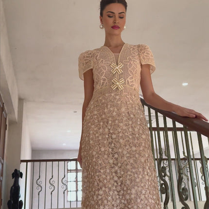 Rosalie Neutrals Crochet Bead Embellished Midi Dress