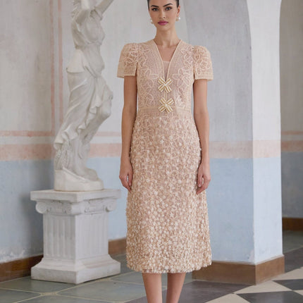 Rosalie Neutrals Crochet Bead Embellished Midi Dress