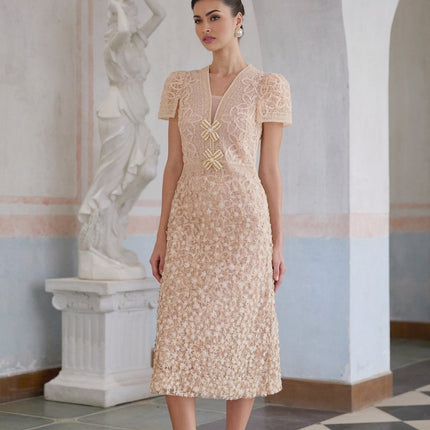 Rosalie Neutrals Crochet Bead Embellished Midi Dress