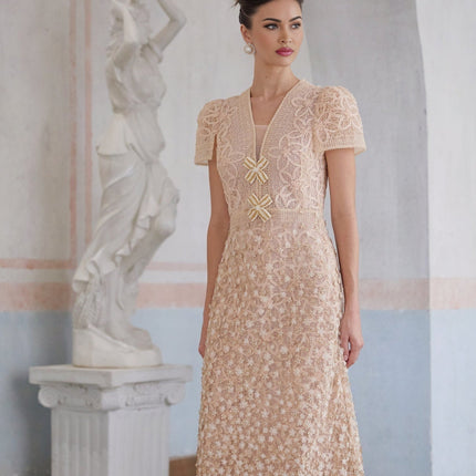 Rosalie Neutrals Crochet Beaded Midi Dress V-Neck Short Sleeves Faux-Flower Detailing Rear Zip Fastening Semi-Sheer 100% Terylene Fiber