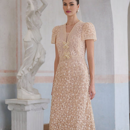 Rosalie Neutrals Crochet Beaded Midi Dress V-Neck Short Sleeves Faux-Flower Detailing Rear Zip Fastening Terylene Fiber
