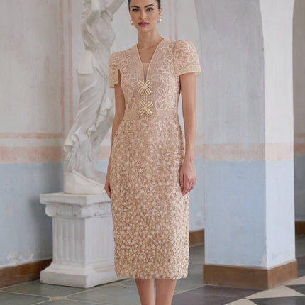 Rosalie Neutrals Crochet Beaded Midi Dress V-neck Short Sleeves Faux-Flower Detailing Rear Zip Fastening Semi-Sheer 100% Terylene Fiber