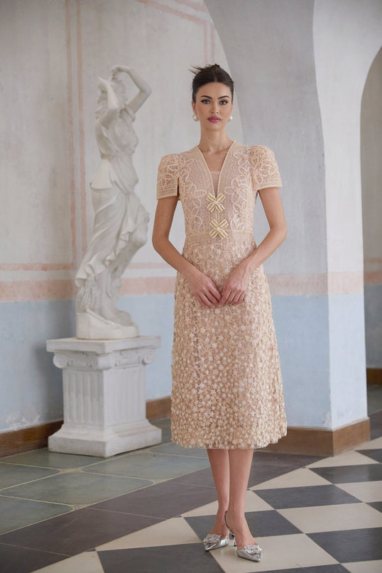 Rosalie Neutrals Crochet Bead Embellished Midi Dress