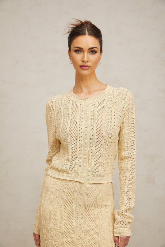 Rosalie Neutrals Pointelle Knit Cardigan Skirt Set