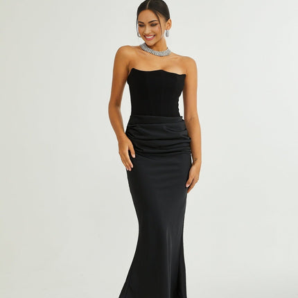 Rosanna Black Maxi Dress with Pleated Detailing and Flared Hem in Terylene Fiber
