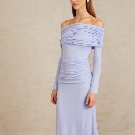 Rosanna Light Blue Maxi Dress with Off-Shoulder Silhouette and Flared Sleeves in Terylene Fiber