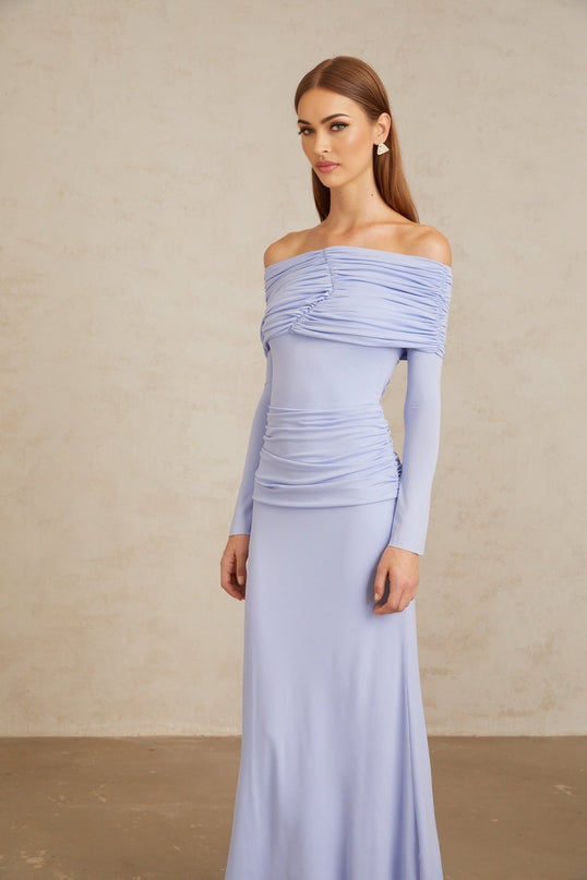 Rosanna Light Blue Maxi Dress with Off-Shoulder Silhouette and Flared Sleeves in Terylene Fiber
