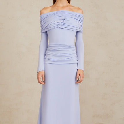 Rosanna Maxi Dress Light Blue Off-Shoulder Flared Sleeves Ruched Detailing Fitted Waistline Stretch Design 100% Terylene Fiber Rear Zip Fastening Maxi Length