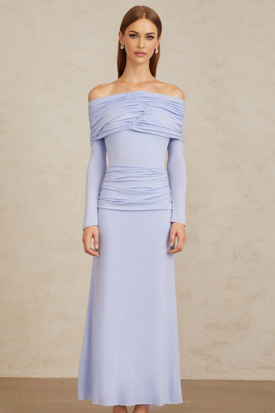 Rosanna Maxi Dress Light Blue Off-Shoulder Flared Sleeves Ruched Detailing Fitted Waistline Stretch Design 100% Terylene Fiber Rear Zip Fastening Maxi Length
